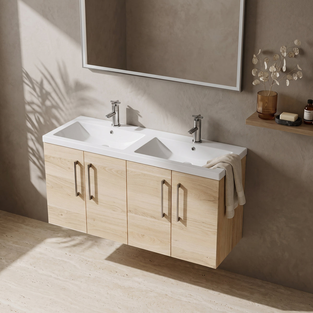 Fairford Aspri Bleached Oak 1200mm 4 Door Wall Hung Vanity Unit