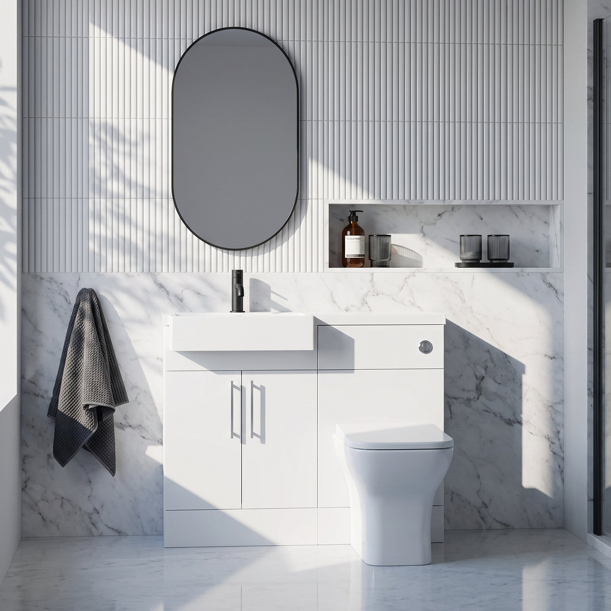 Fairford Union Gloss White 1100mm Square Semi Recessed Basin Left Hand Combination Pack