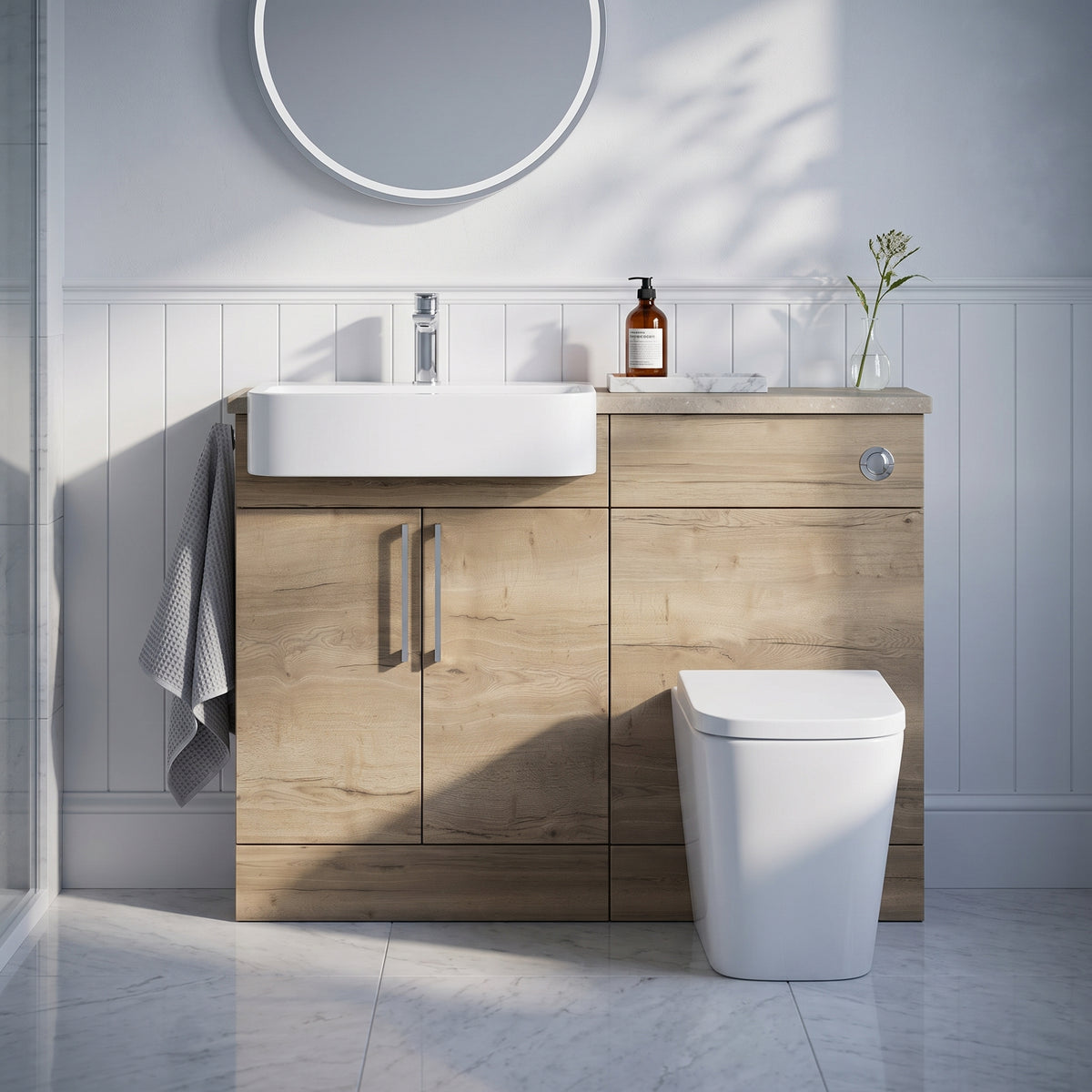 Fairford Union Style Slab Dark Oak 1100mm Round Semi Recessed Basin Left Hand Combination Pack