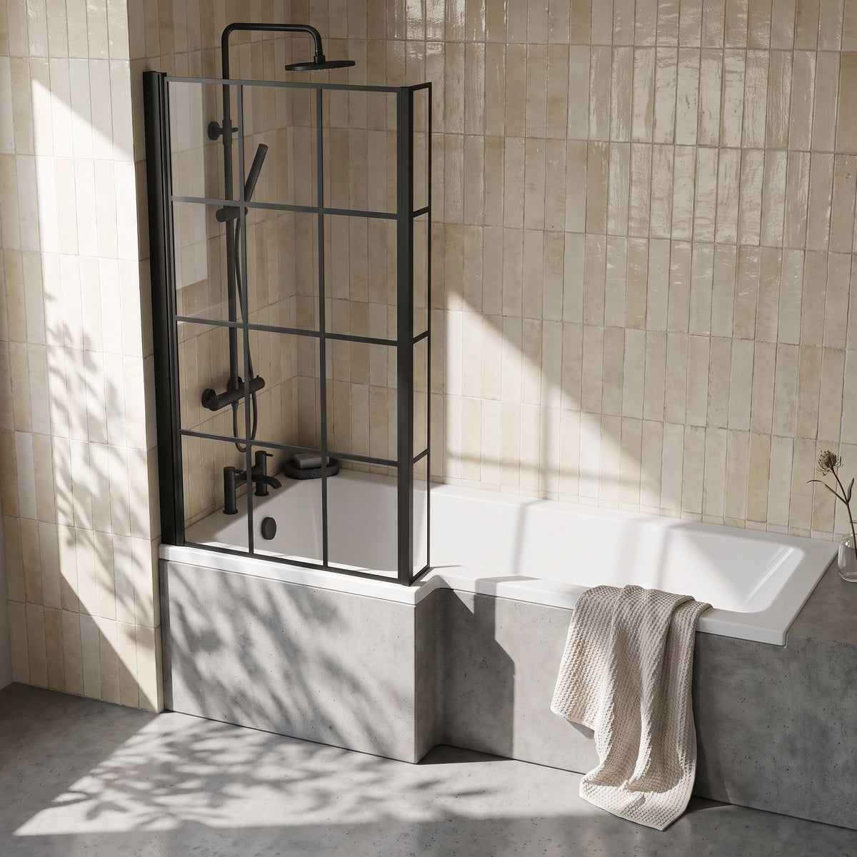 Fairford 6mm L Shaped Shower Bath Screen, Matt Black Framed