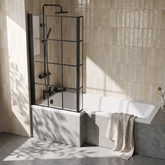 Fairford 6mm L Shaped Shower Bath Screen, Matt Black Framed