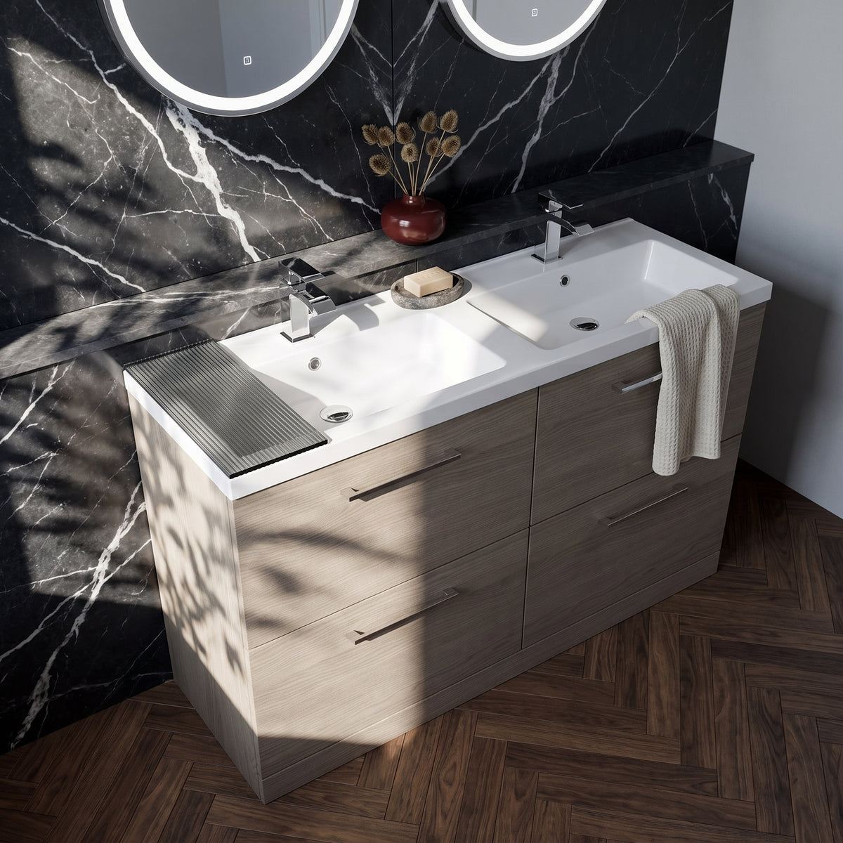 Fairford Aspri Solace Oak 1200mm Floorstanding Double Vanity Unit with 4 Drawers and Basin