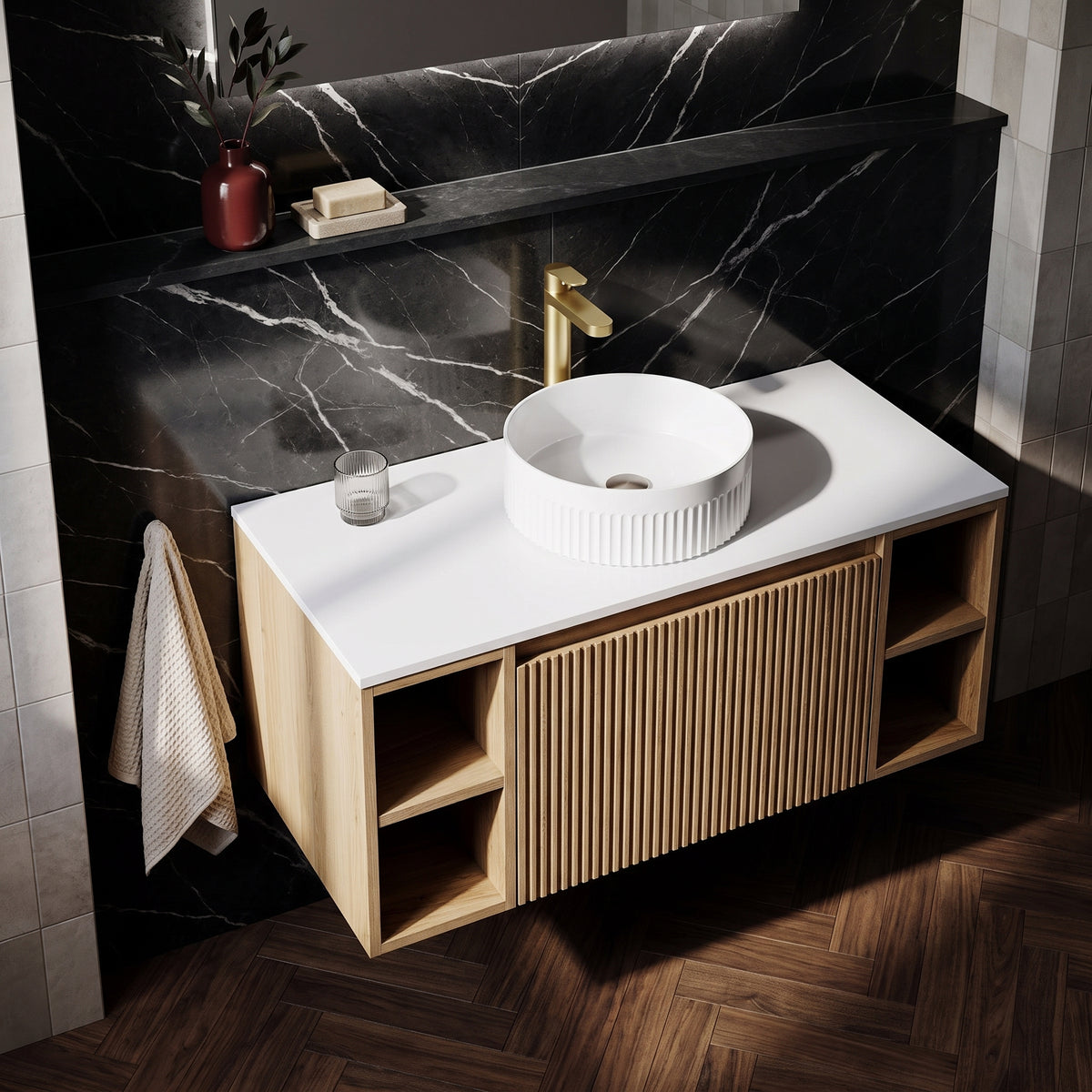 Fairford Sophia Country Oak 1000mm Wall Hung Vanity Unit with Double Storage and Worktop