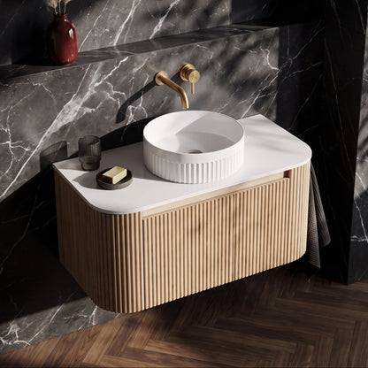 Fairford Sophia Country Oak 870mm Basin & Vanity Unit Pack — Vessel Basin, Curved Vanity Unit & Worktop