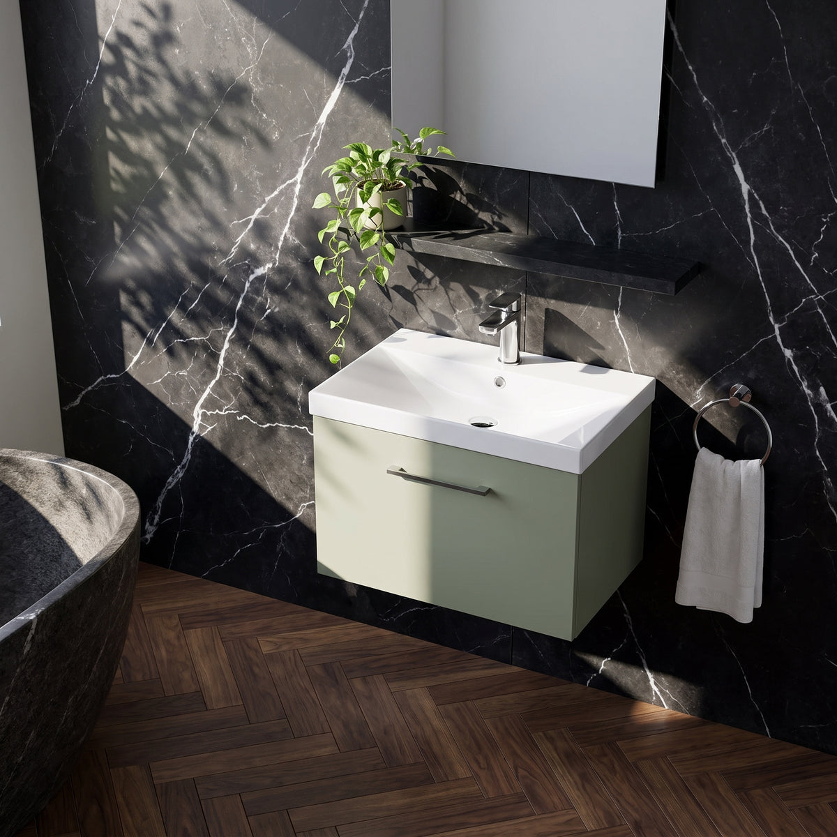 Fairford Aspri 600mm Satin Green Wall Hung Vanity Unit, Thin Rimmed 40mm Basin