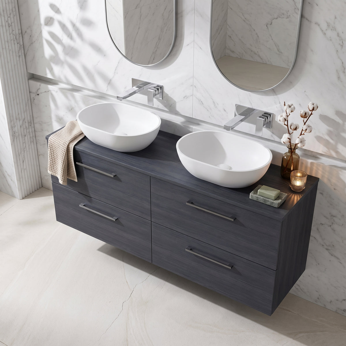 Fairford Aspri Black Woodgrain 1200mm 4 Drawer Wall Hung Vanity Unit with Worktop