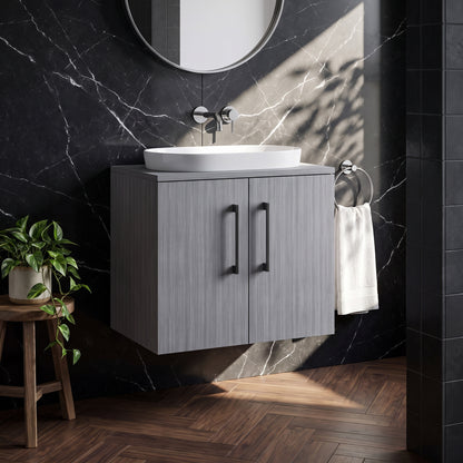 Fairford Aspri Grey Woodgrain 600mm 2 Door Wall Hung Vanity Unit with Worktop