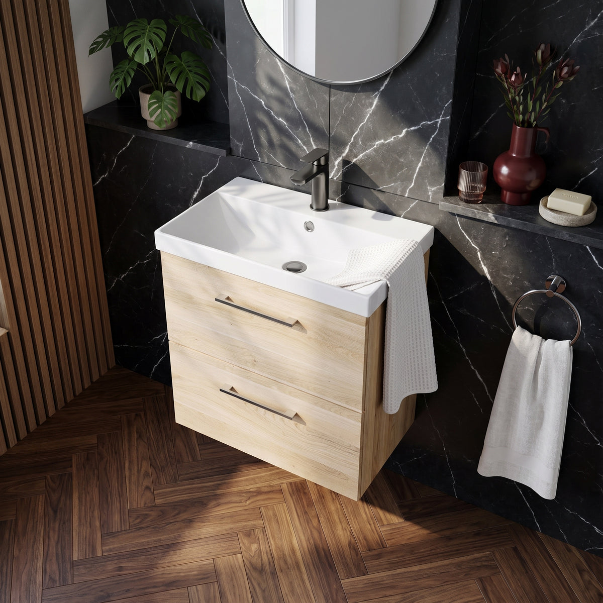 Fairford Aspri Bleached Oak 600mm 2 Drawer Wall Hung Vanity Unit