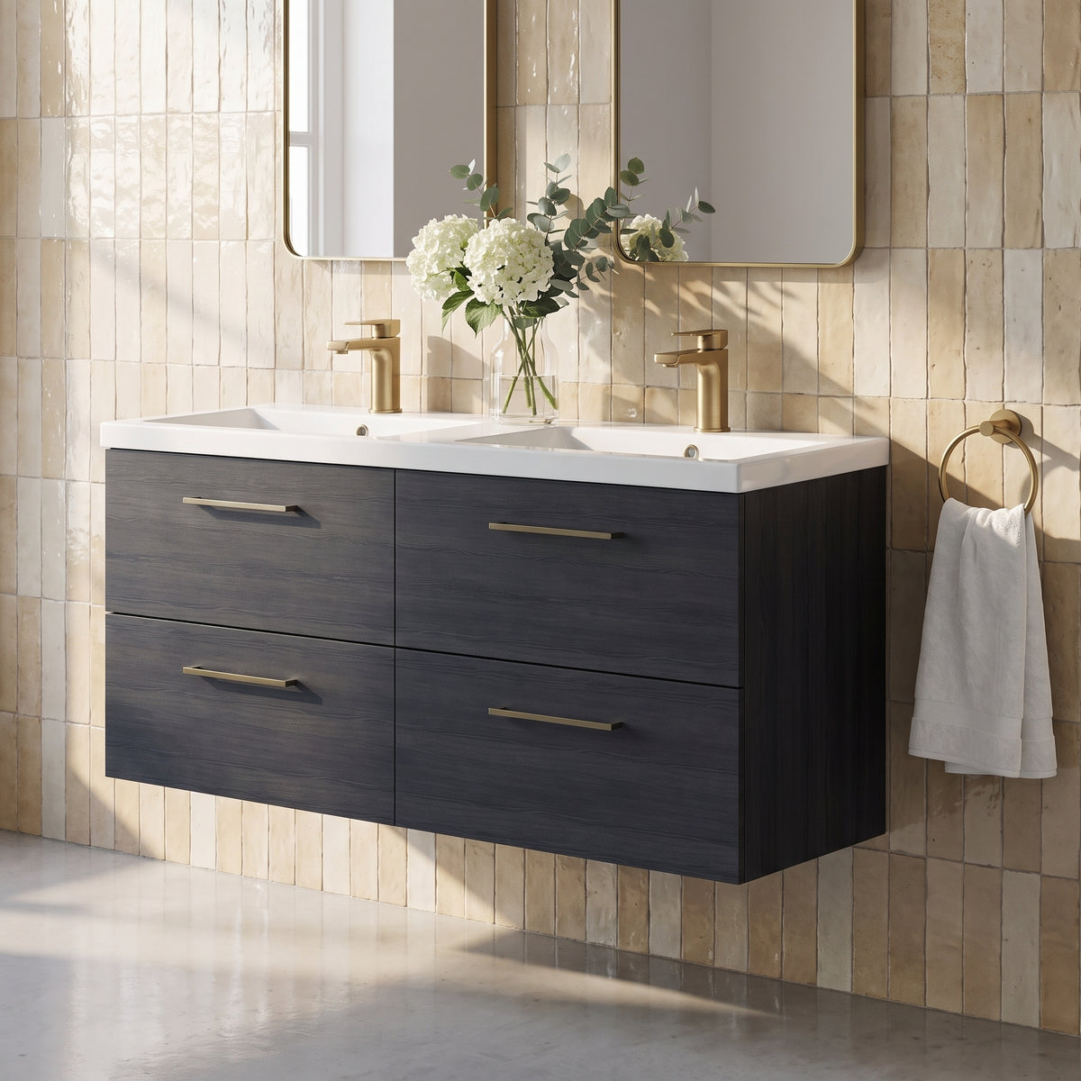 Fairford Aspri Black Woodgrain 1200mm 4 Drawer Wall Hung Vanity Unit