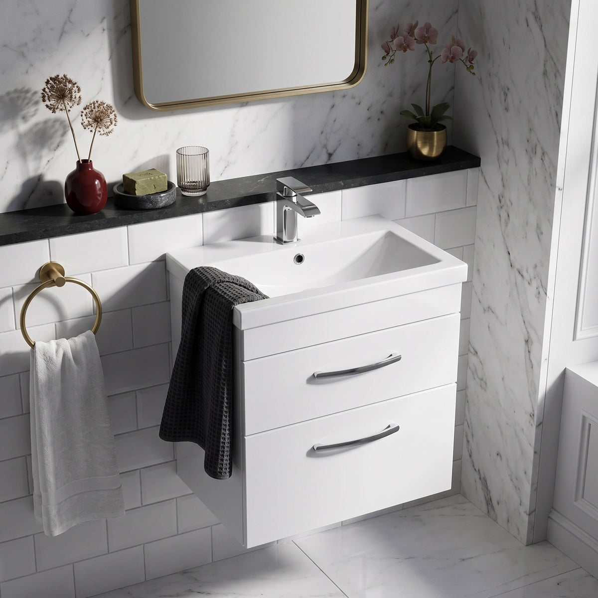 Fairford Carnation 500mm Gloss White Wall Hung 2 Drawer Vanity Unit