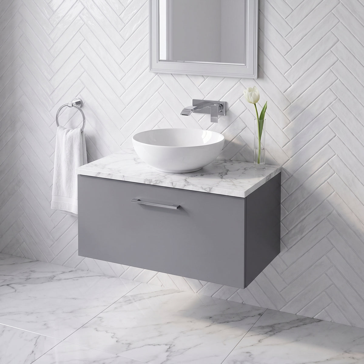 Fairford Aspri Satin Grey 800mm 1 Drawer Wall Hung Vanity Unit with Worktop