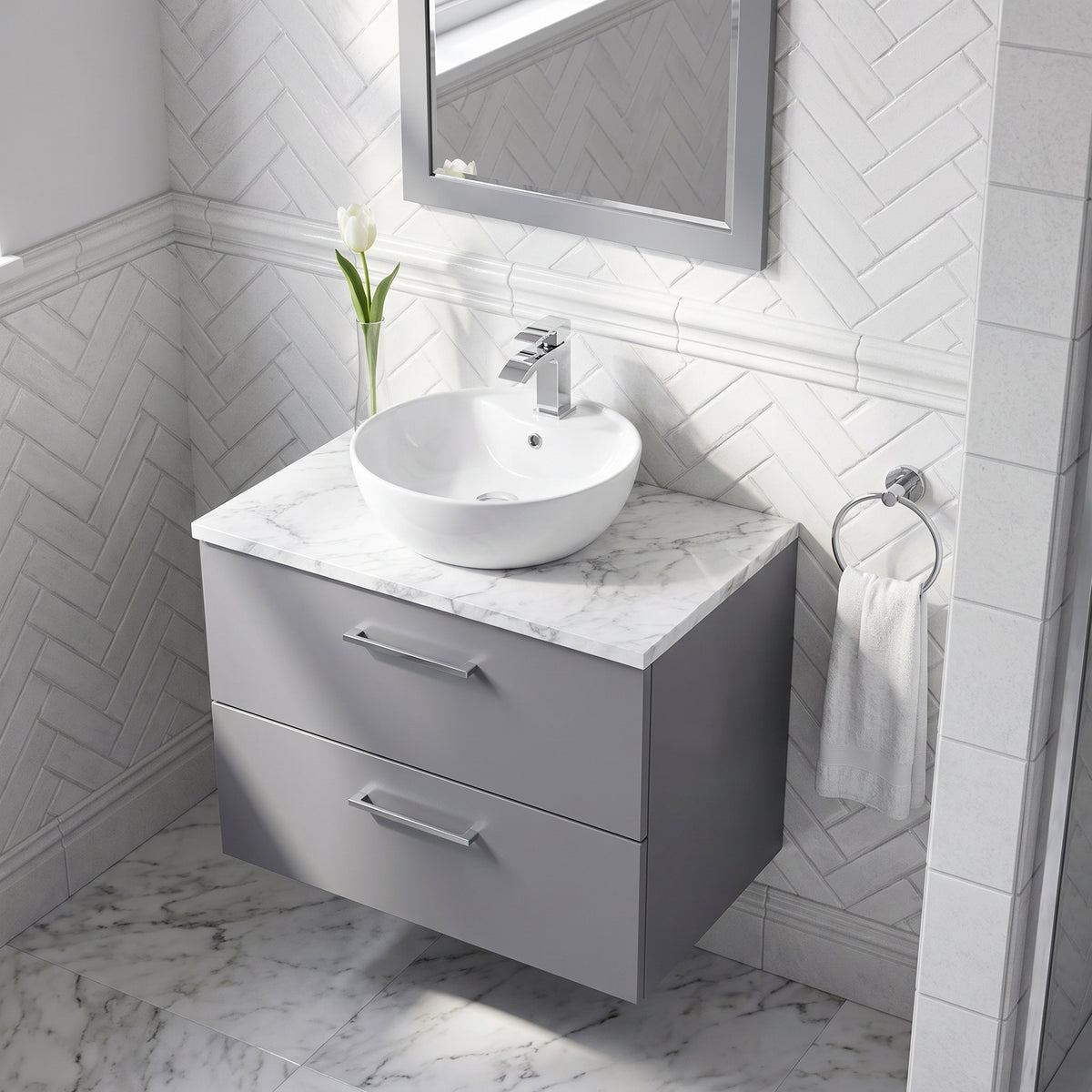 Fairford Aspri Satin Grey 800mm 2 Drawer Wall Hung Vanity Unit with Worktop