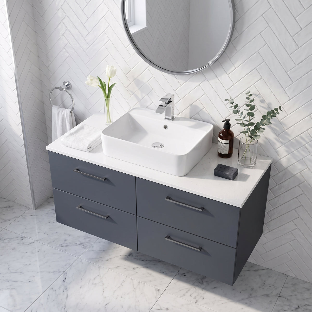 Fairford Aspri Soft Black 1200mm 4 Drawer Wall Hung Vanity Unit with Worktop
