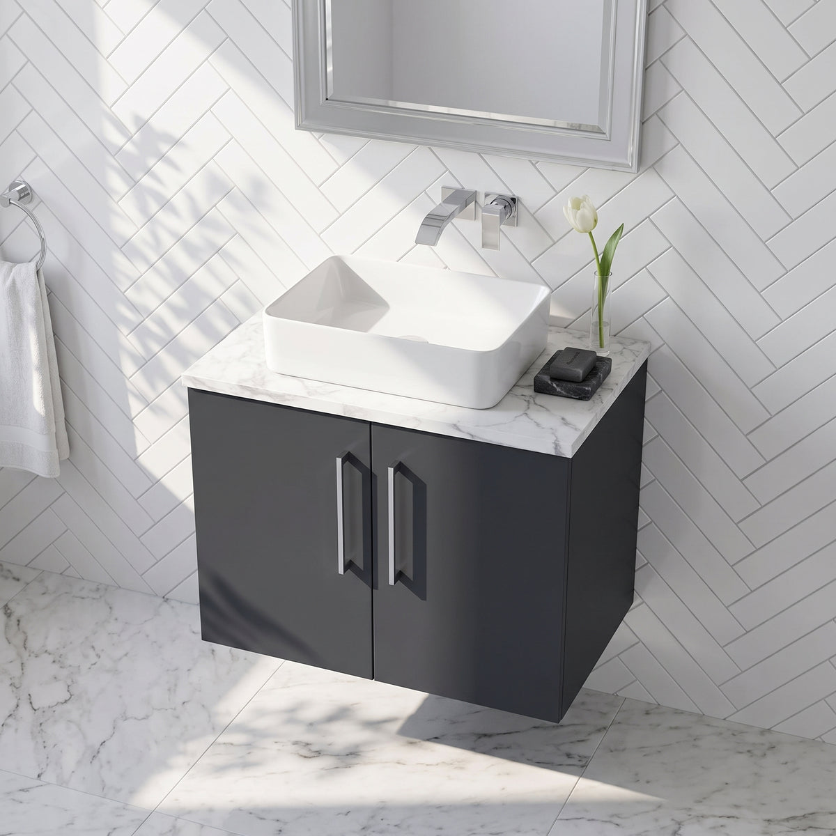 Fairford Aspri Soft Black 600mm 2 Door Wall Hung Vanity Unit with Worktop