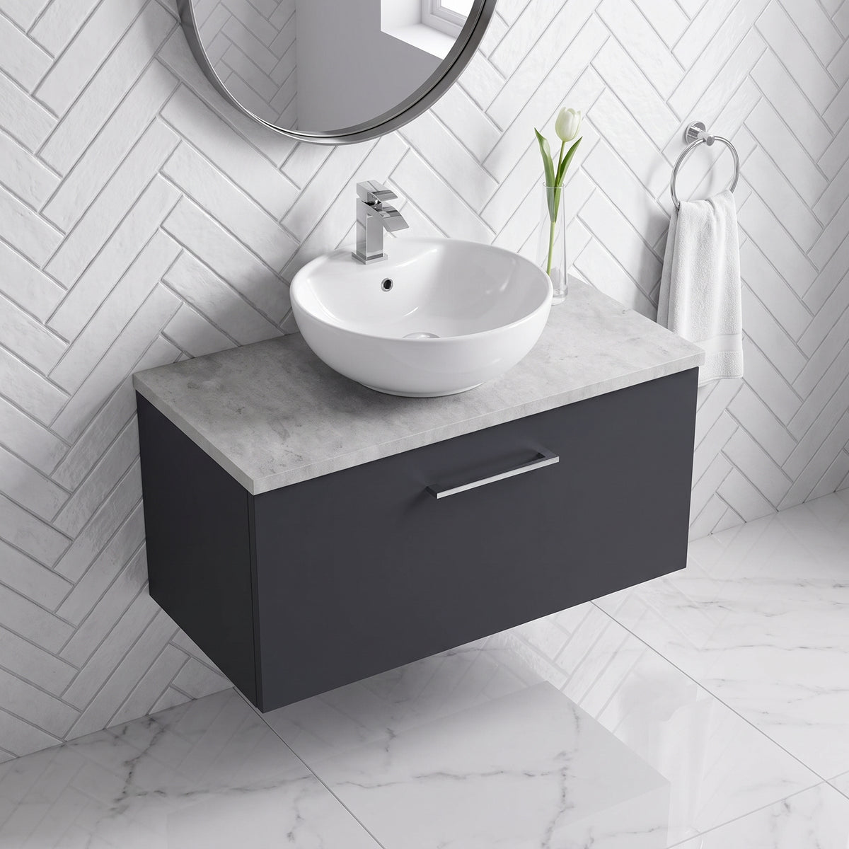 Fairford Aspri Soft Black 800mm 1 Drawer Wall Hung Vanity Unit with Worktop