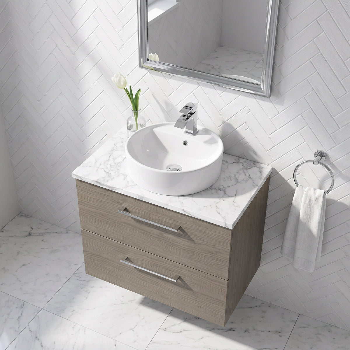 Fairford Aspri Solace Oak 600mm 2 Drawer Wall Hung Vanity Unit with Worktop
