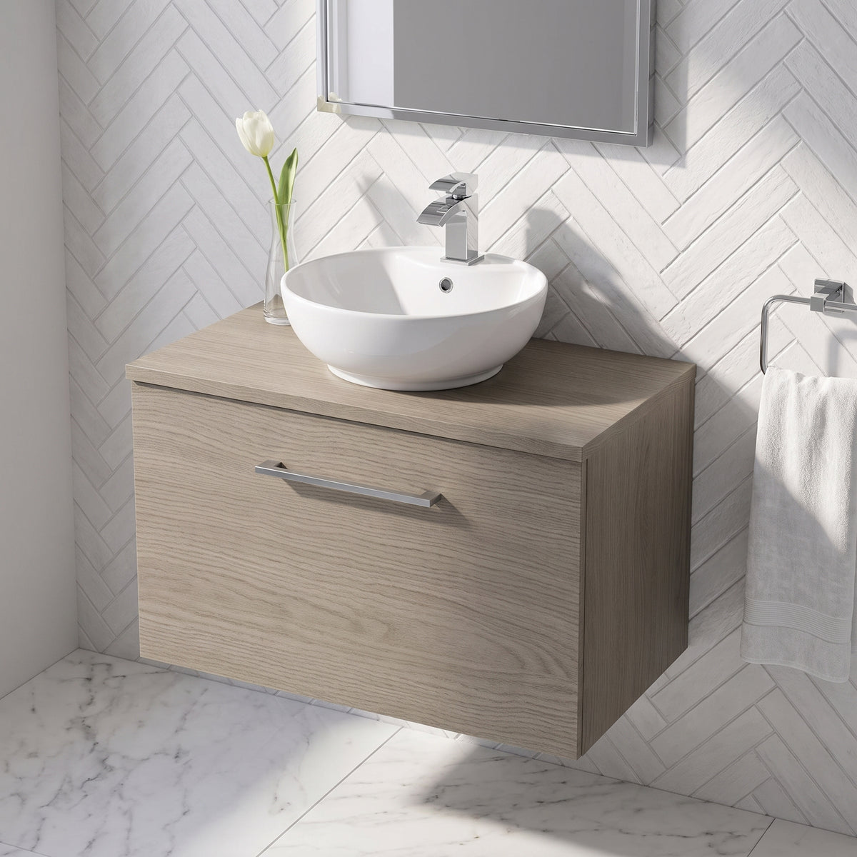 Fairford Aspri Solace Oak 800mm 1 Drawer Wall Hung Vanity Unit with Worktop