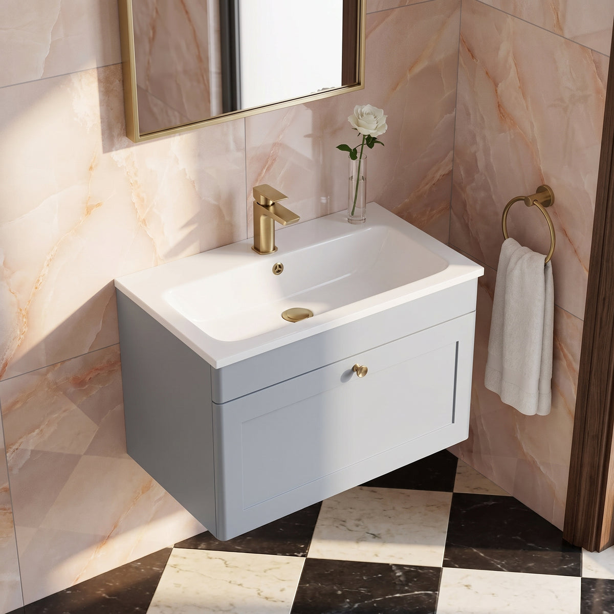 Fairford Laurel Satin Grey 800mm 1 Drawer Wall Hung Vanity Unit with Stone Basin