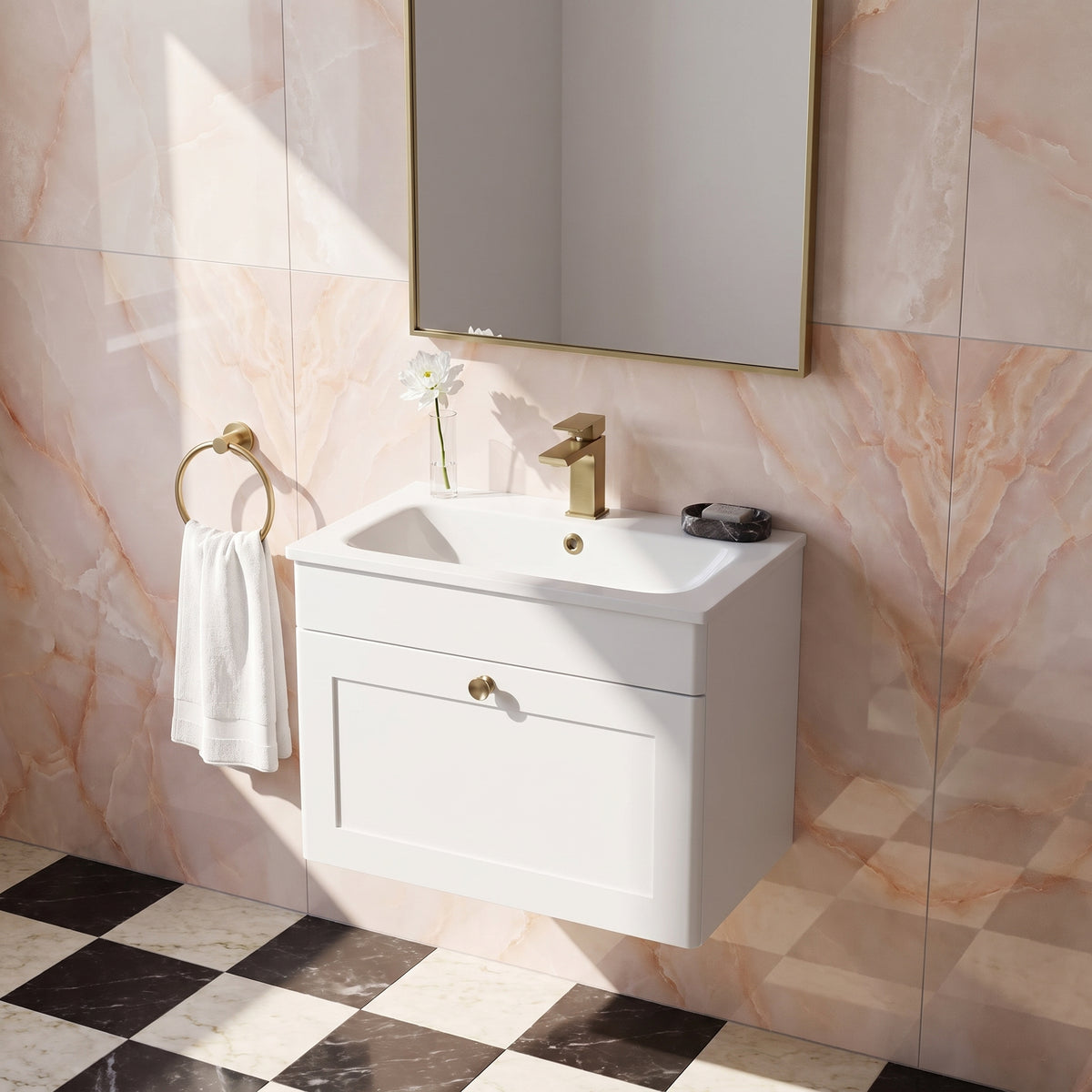 Fairford Laurel Satin White 600mm 1 Drawer Wall Hung Vanity Unit with Stone Basin