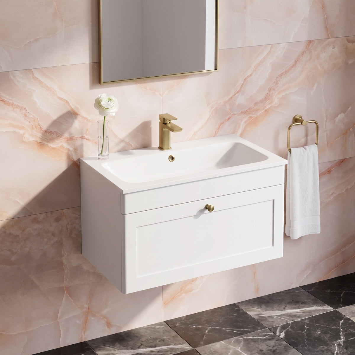 Fairford Laurel Satin White 800mm 1 Drawer Wall Hung Vanity Unit with Stone Basin