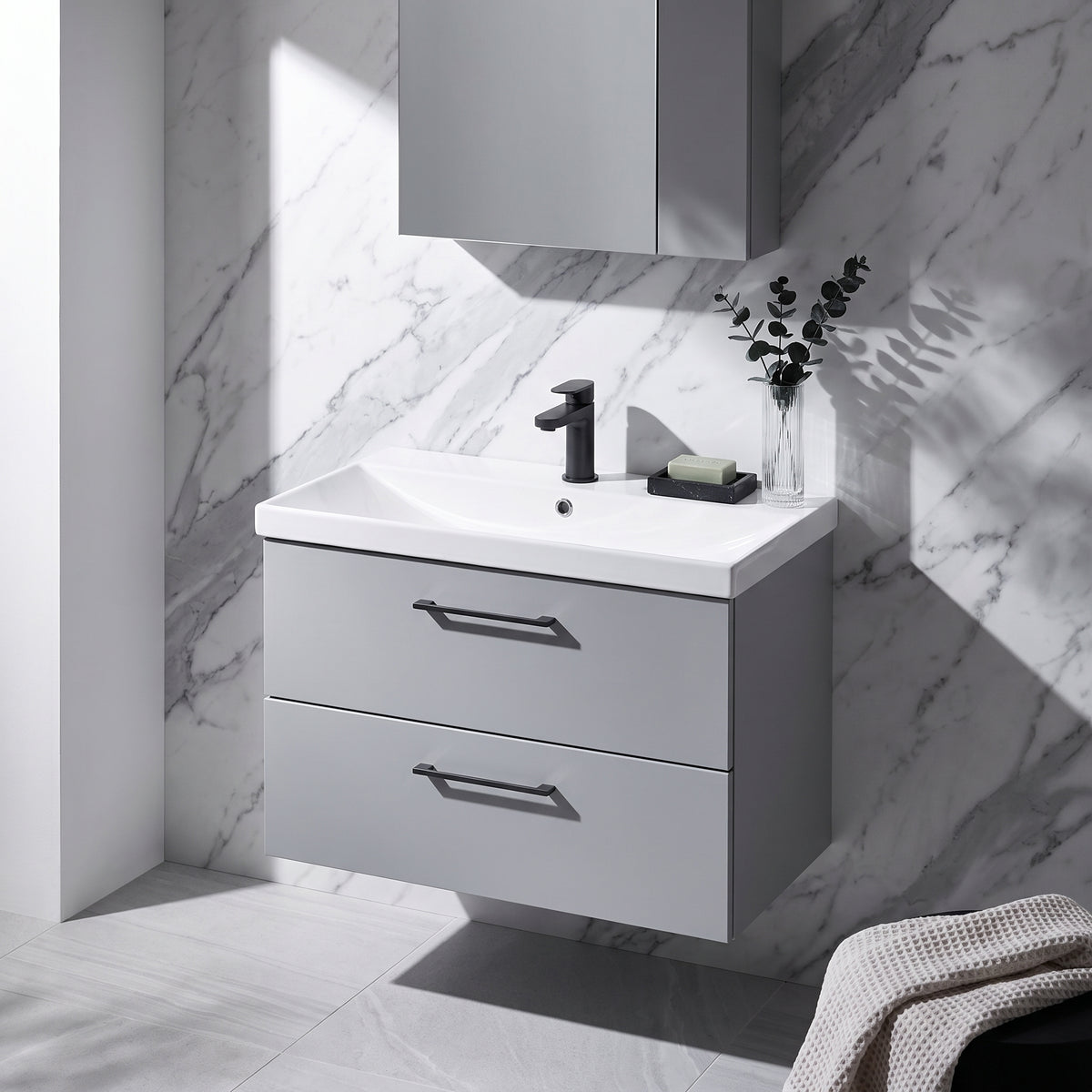 Fairford Aspri Satin Grey 800mm 2 Drawer Wall Hung Vanity Unit