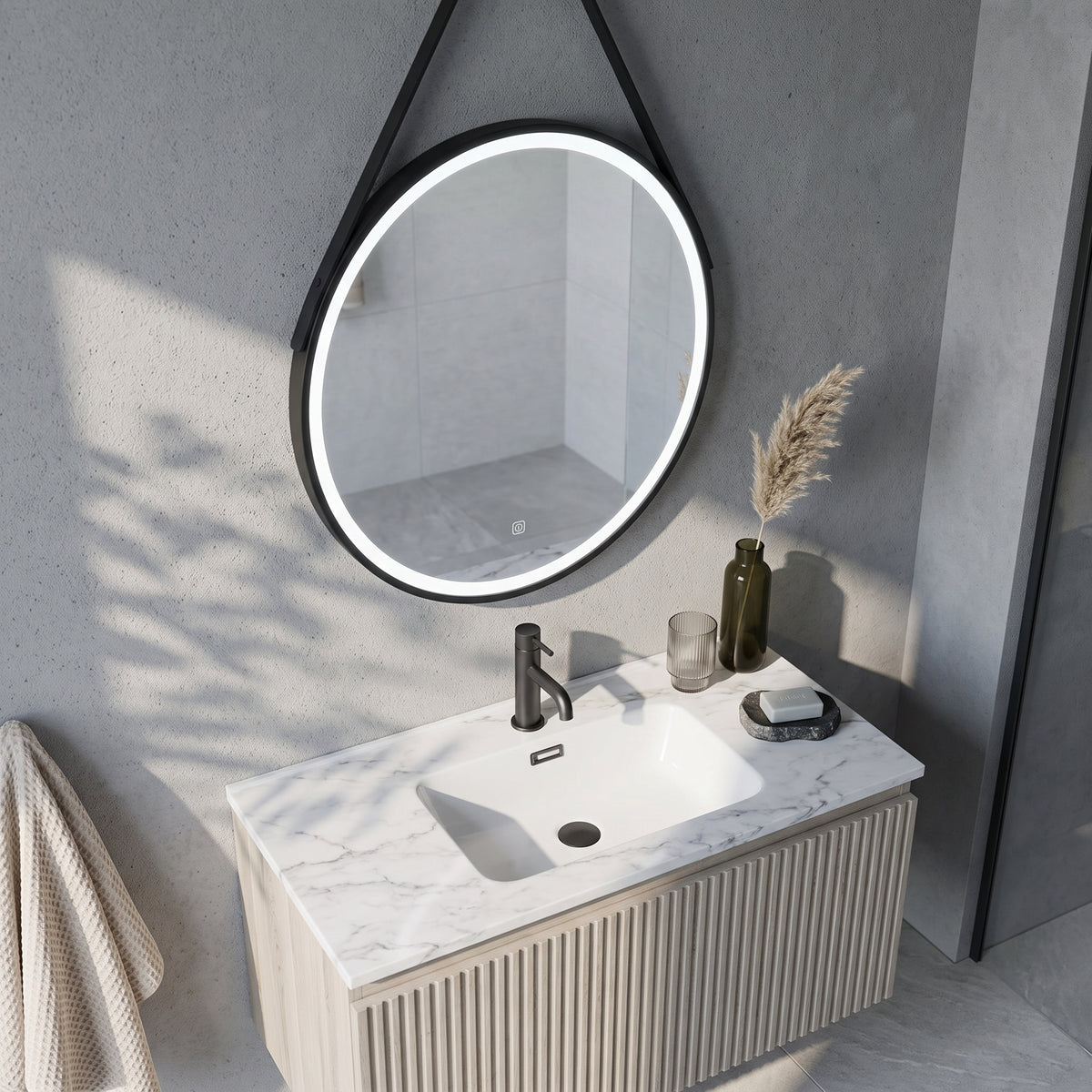 Fairford 600mm Round Matt Black Illuminated Mirror with Touch Sensor