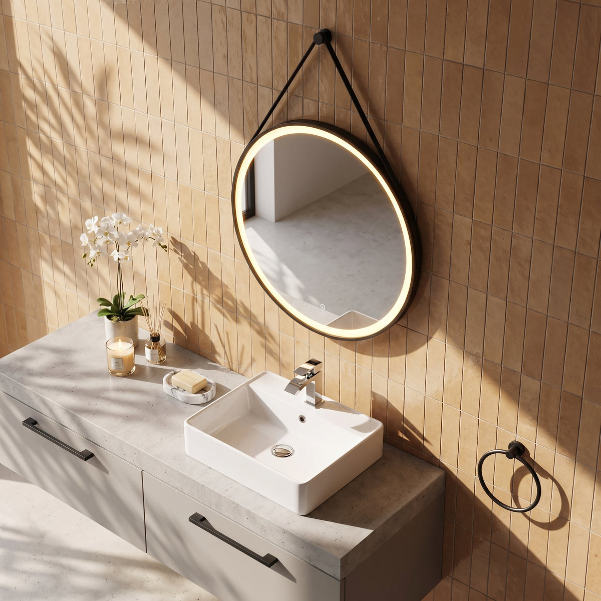 Fairford Belini Round Led Hanging Mirror - 600mm Wide - Matt Black