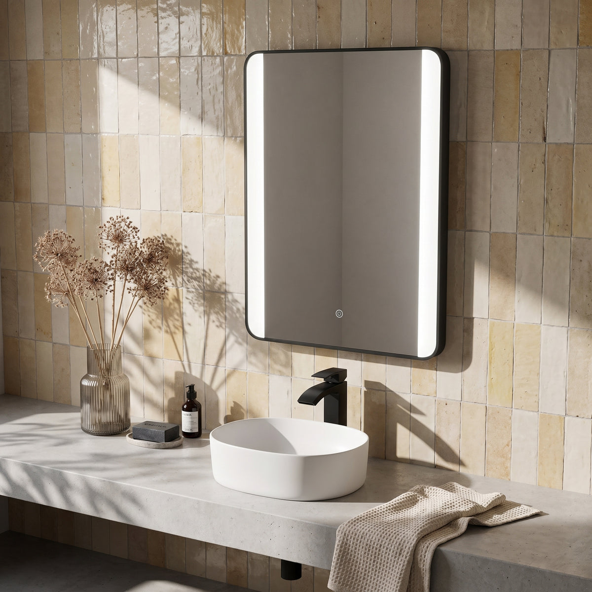 Fairford Mono Soft Square Mirror With Demister And Colour Change - 500mm X 700mm - Matt Black