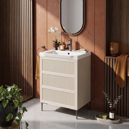 Fairford Elan Fluted Sandstone 600mm Floorstanding Vanity Unit with Gunmetal Legs