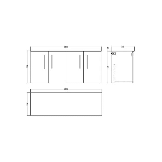 Fairford Aspri Bleached Oak 1200mm 4 Door Wall Hung Vanity Unit with Worktop