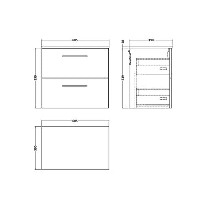 Fairford Aspri Grey Woodgrain 600mm 2 Drawer Wall Hung Vanity Unit with Worktop