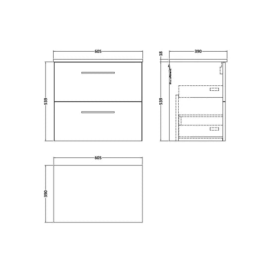 Fairford Aspri Black Woodgrain 600mm 2 Drawer Wall Hung Vanity Unit with Worktop