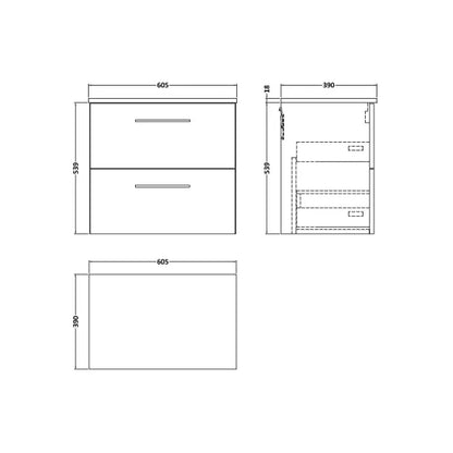 Fairford Aspri Black Woodgrain 600mm 2 Drawer Wall Hung Vanity Unit with Worktop