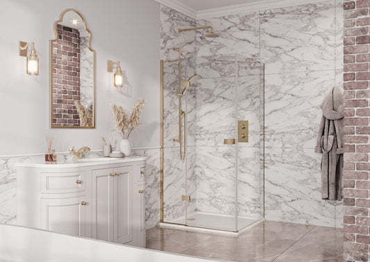 Fairford 8mm Frameless 760mm Brushed Brass Side Panel - For Hinged Door