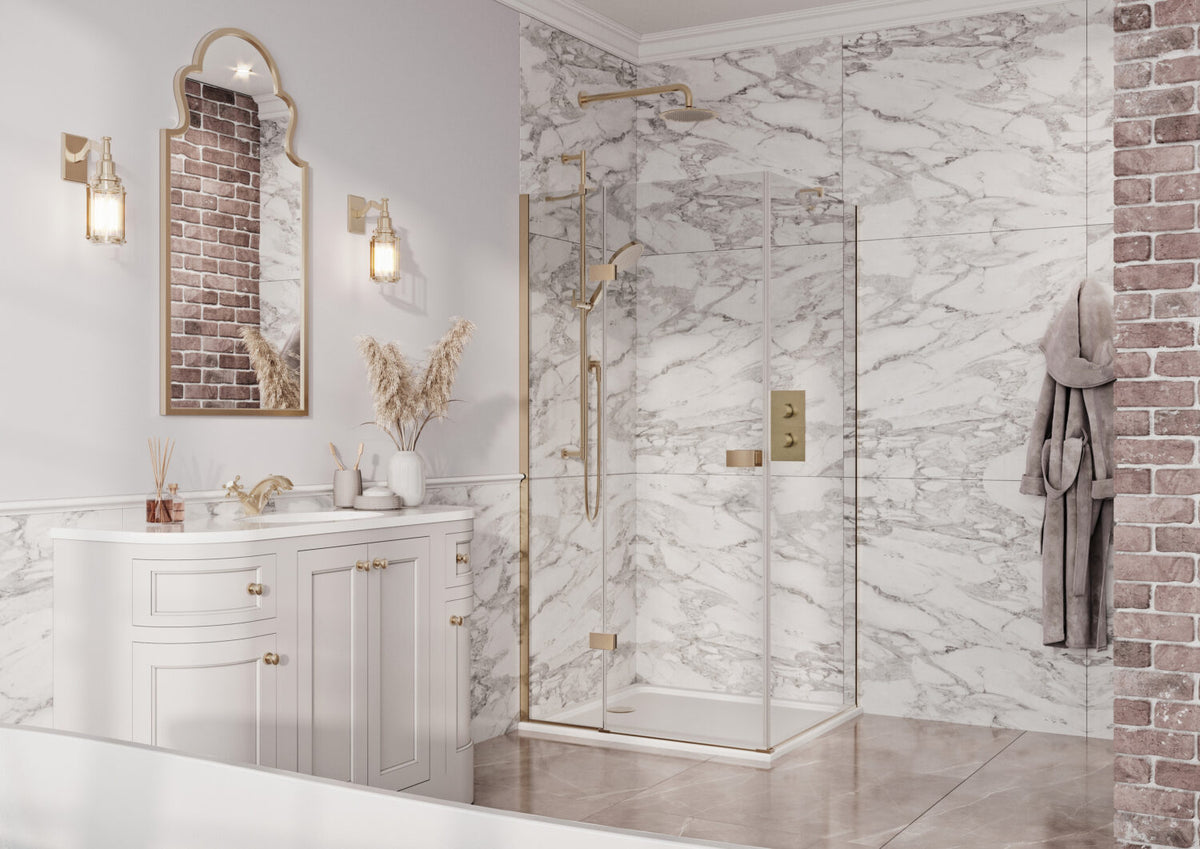 Fairford 8mm Frameless 900mm Brushed Brass Side Panel - For Hinged Door