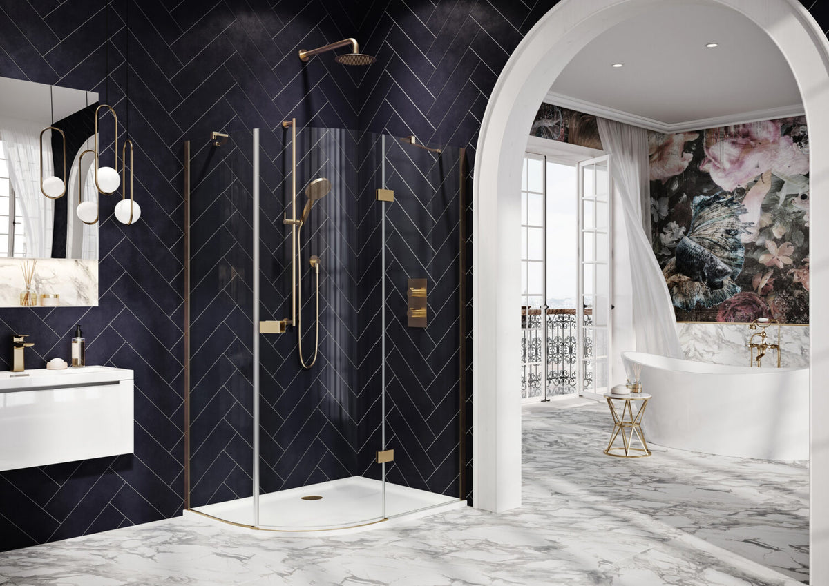 Fairford 8mm Frameless 1200 x 900mm Brushed Brass Offset Quadrant Enclosure