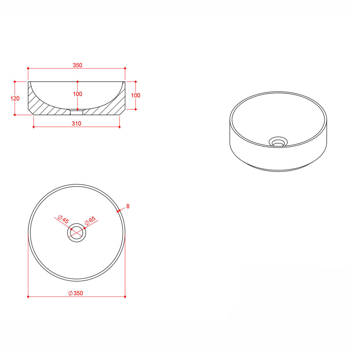 350 x 350mm Carrara Marble Round Vessel