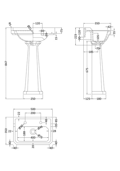 Fairford Hexam 500mm 2 Tap Hole Basin and Full Pedestal