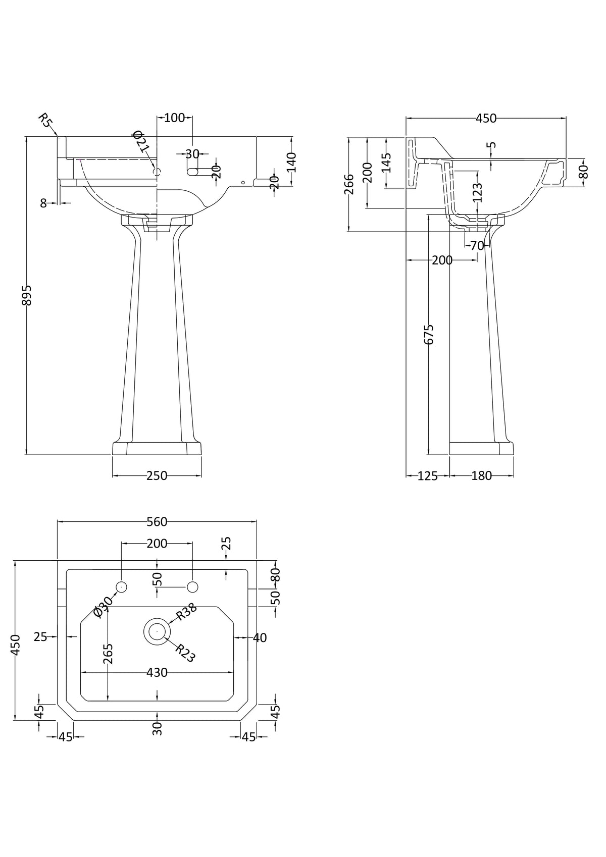Fairford Hexam 560mm 2 Tap Hole Basin and Full Pedestal