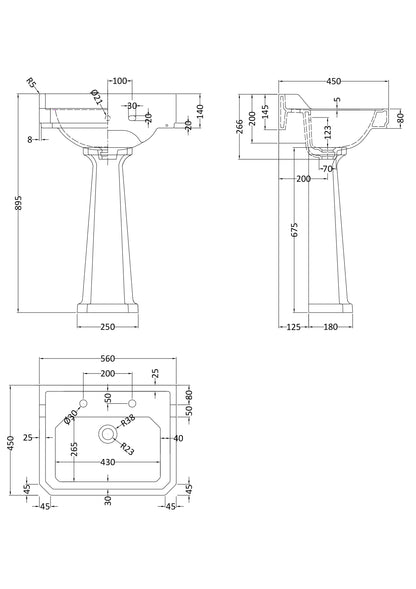 Fairford Hexam 560mm 2 Tap Hole Basin and Full Pedestal
