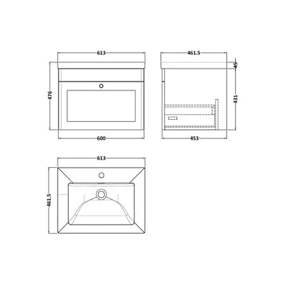 Fairford Laurel Soft Black 600mm 1 Drawer Wall Hung Vanity Unit with Stone Basin