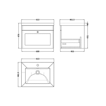 Fairford Laurel Satin White 600mm 1 Drawer Wall Hung Vanity Unit with Stone Basin