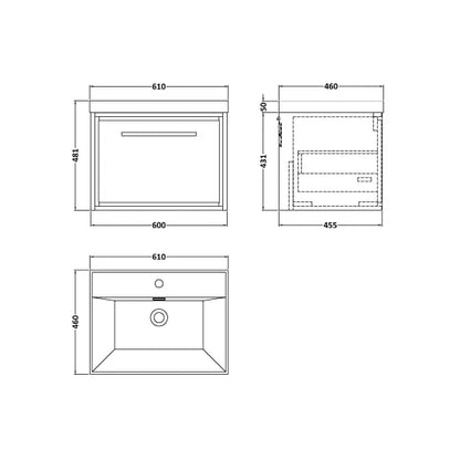Fairford Tisse Graphite Grey Woodgrain 600mm 1 Drawer Wall Hung Vanity Unit with Thin Edged Basin