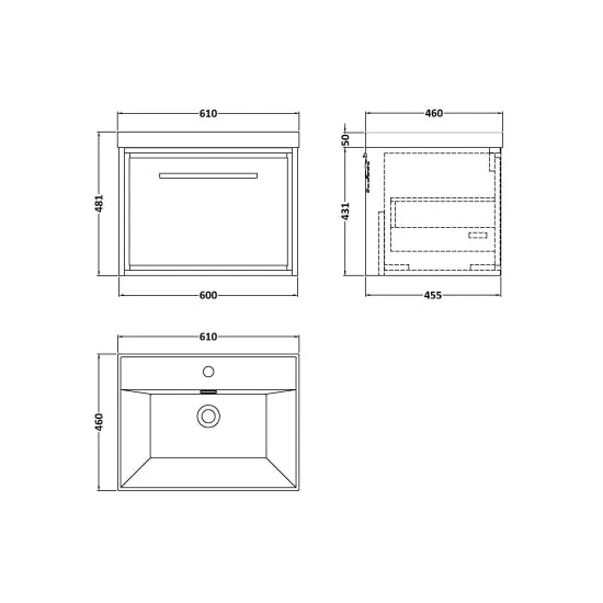 Fairford Tisse Antique Oak 600mm 1 Drawer Wall Hung Vanity Unit with Thin Edged Basin