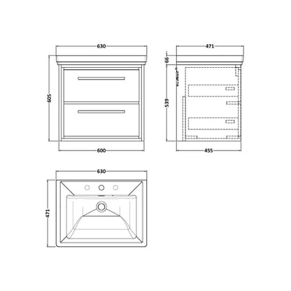 Fairford Tisse Antique Oak 600mm 2 Drawer Wall Hung Vanity Unit with 3 Tap Hole Basin