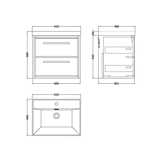 Fairford Tisse Pebble Grey 600mm 2 Drawer Wall Hung Vanity Unit with Thin Edged Basin