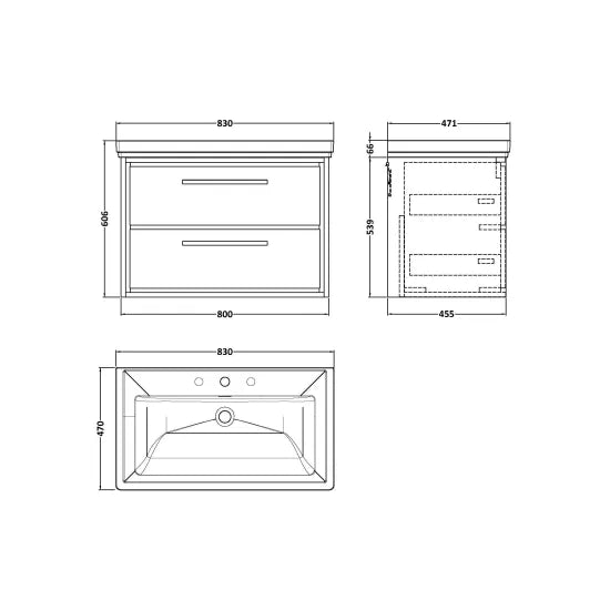 Fairford Tisse Antique Oak 800mm 2 Drawer Wall Hung Vanity Unit with 3 Tap Hole Basin