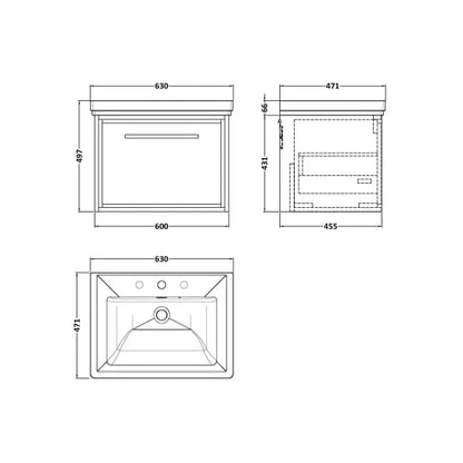 Fairford Tisse Bleached Oak 600mm 1 Drawer Wall Hung Vanity Unit with 3 Tap Hole Basin