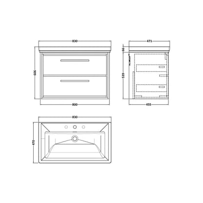 Fairford Tisse Bleached Oak 800mm 2 Drawer Wall Hung Vanity Unit with 3 Tap Hole Basin