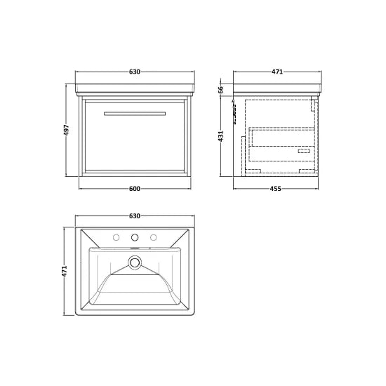 Fairford Tisse Pebble Grey 600mm 1 Drawer Wall Hung Vanity Unit with 3 Tap Hole Basin